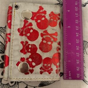 Small white / Red skull genuine leather wallet cute emo goth